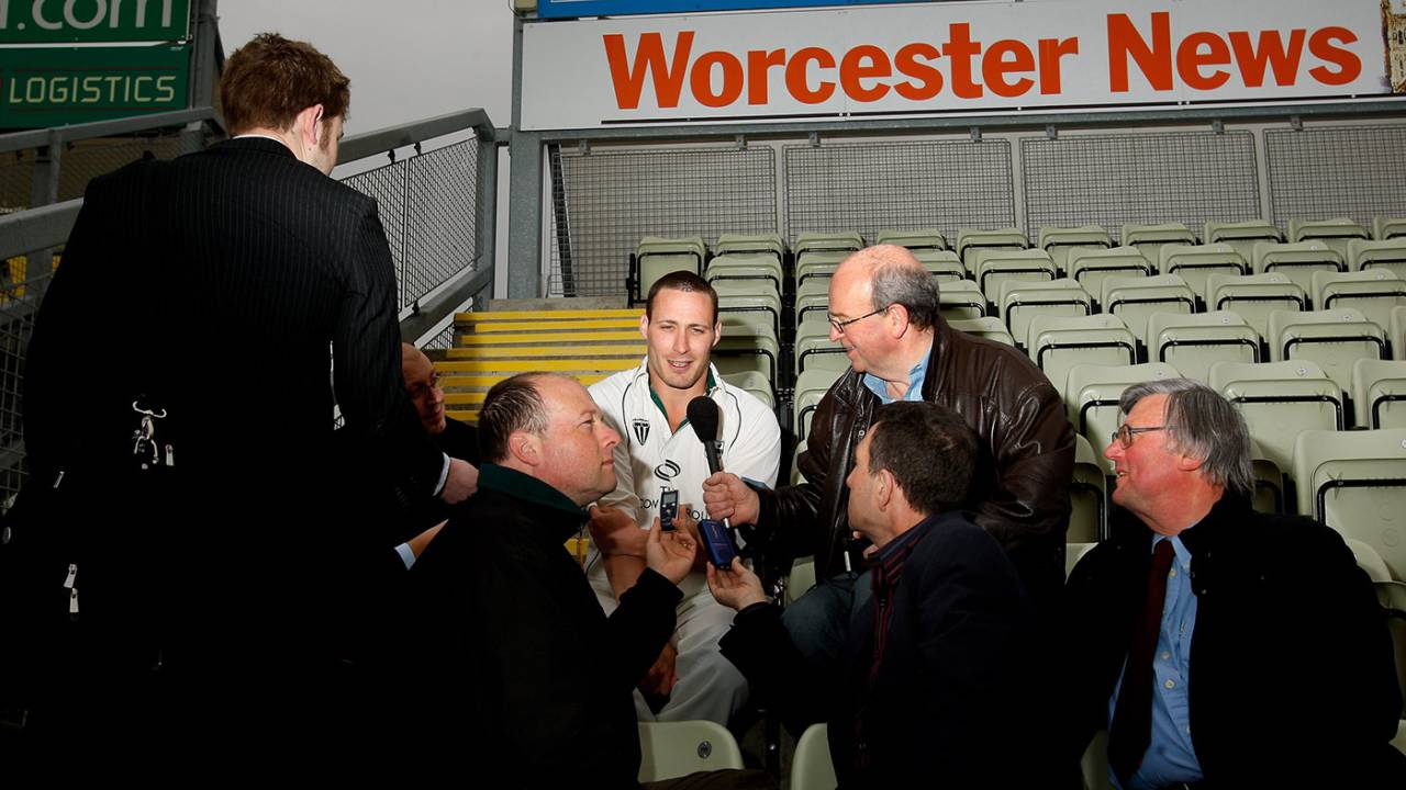 Simon Jones talks to reporters, New Road, Worcester, April 14, 2009
