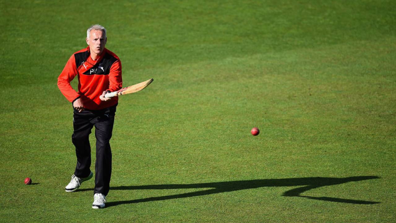 Peter Moores helps the players warm up, Trent Bridge, May 2, 2016