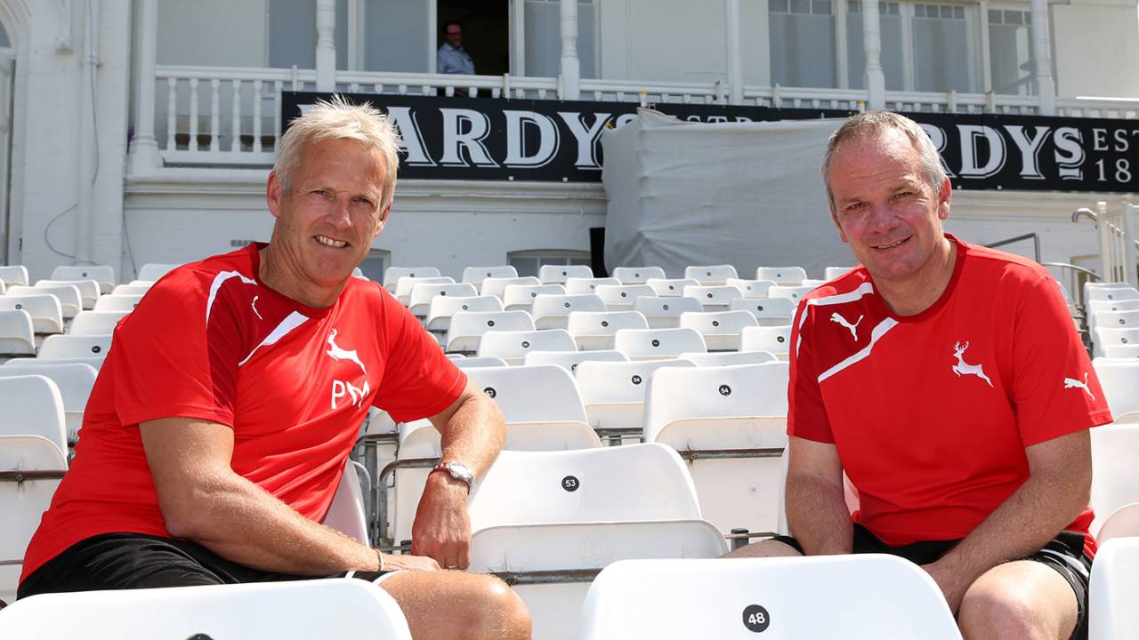 Peter Moores, Nottinghamshire's coaching consultant, (left) with director of cricket Mick Newell at Trent Bridge, July 3, 2015