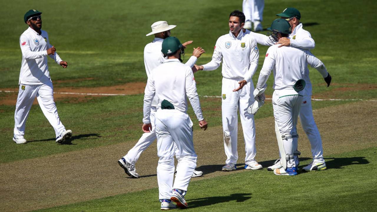 Keshav Maharaj is congratulated on having James Neesham stumped, New Zealand v South Africa, 2nd Test, Wellington, 1st day, March 16, 2017