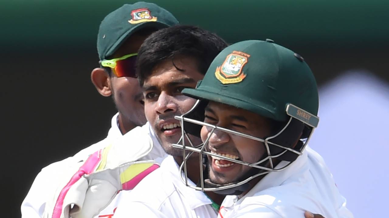 Mehedi Hasan Miraz gets a hug from his captain Mushfiqur Rahim, Sri Lanka v Bangladesh, 2nd Test, Colombo, 4th day, March 18, 2017
