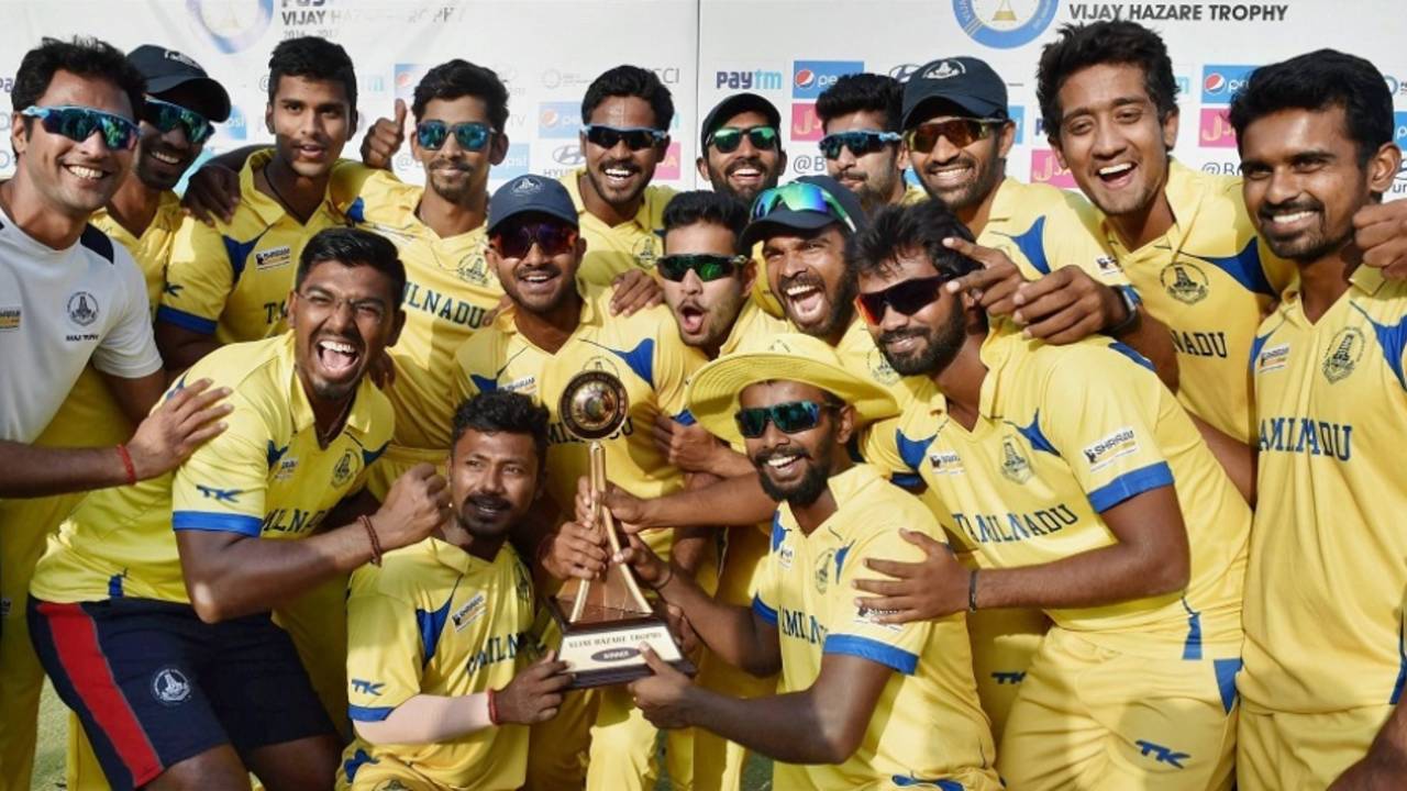 The Tamil Nadu players pose with the Vijay Hazare Trophy after their win, Tamil Nadu v Bengal, Vijay Hazare Trophy, final, Delhi, March 20, 2017