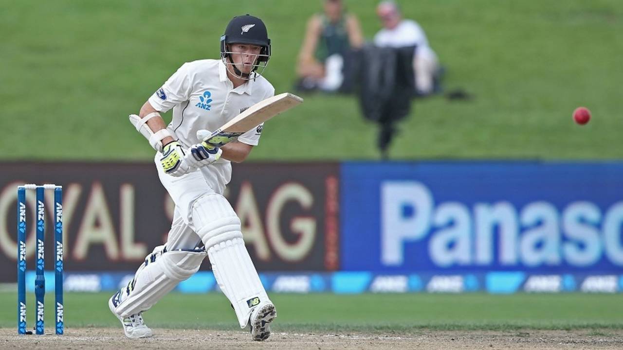 Mitchell Santner taps the ball down the ground, New Zealand v South Africa, 3rd Test, Hamilton, 4th day, March 28, 2017
