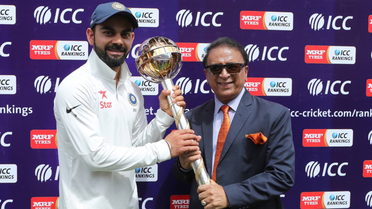 Virat Kohli receives the ICC Test mace from Sunil Gavaskar, India v Australia, 4th Test, Dharamsala, 4th day, March 28, 2017