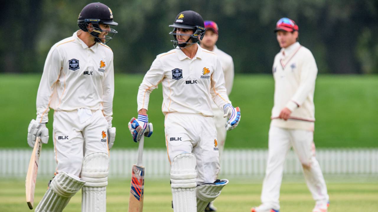 Tom Blundell and Peter Younghusband walk off after stumps, Canterbury v Wellington, Plunket Shield, 2nd day, Christchurch, March 30, 2017