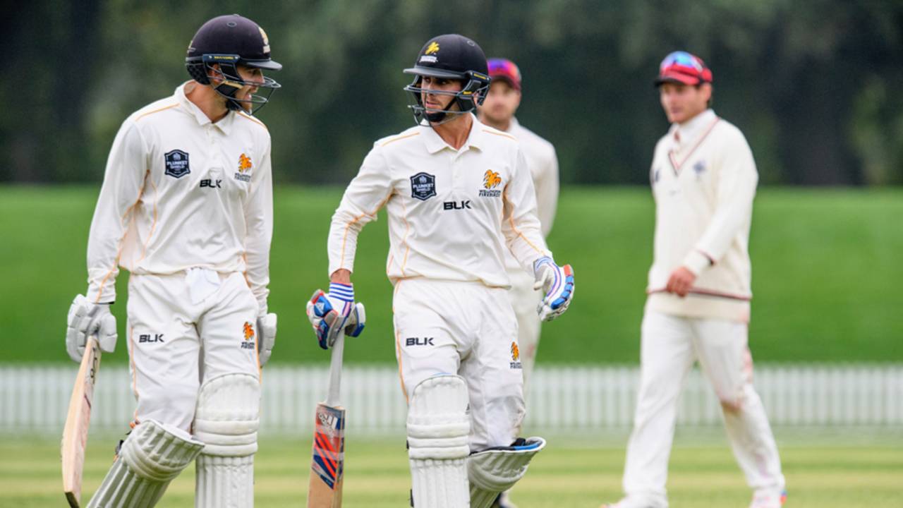 Tom Blundell and Peter Younghusband walk off after stumps, Canterbury v Wellington, Plunket Shield, 2nd day, Christchurch, March 30, 2017