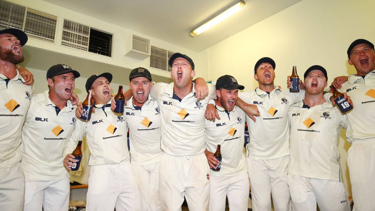 Victoria's players celebrate their victory in the dressing room, Victoria v South Australia, Sheffield Shield final, Alice Springs, 5th day, March 30, 2017