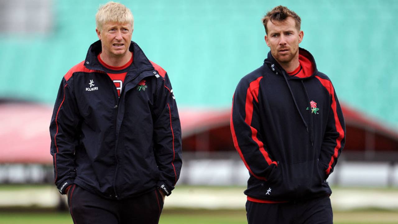 Glen Chapple and Steven Croft inspect the outfield, Surrey v Lancashire, County Championship, Division Two, The Oval, 1st day, May 31, 2015