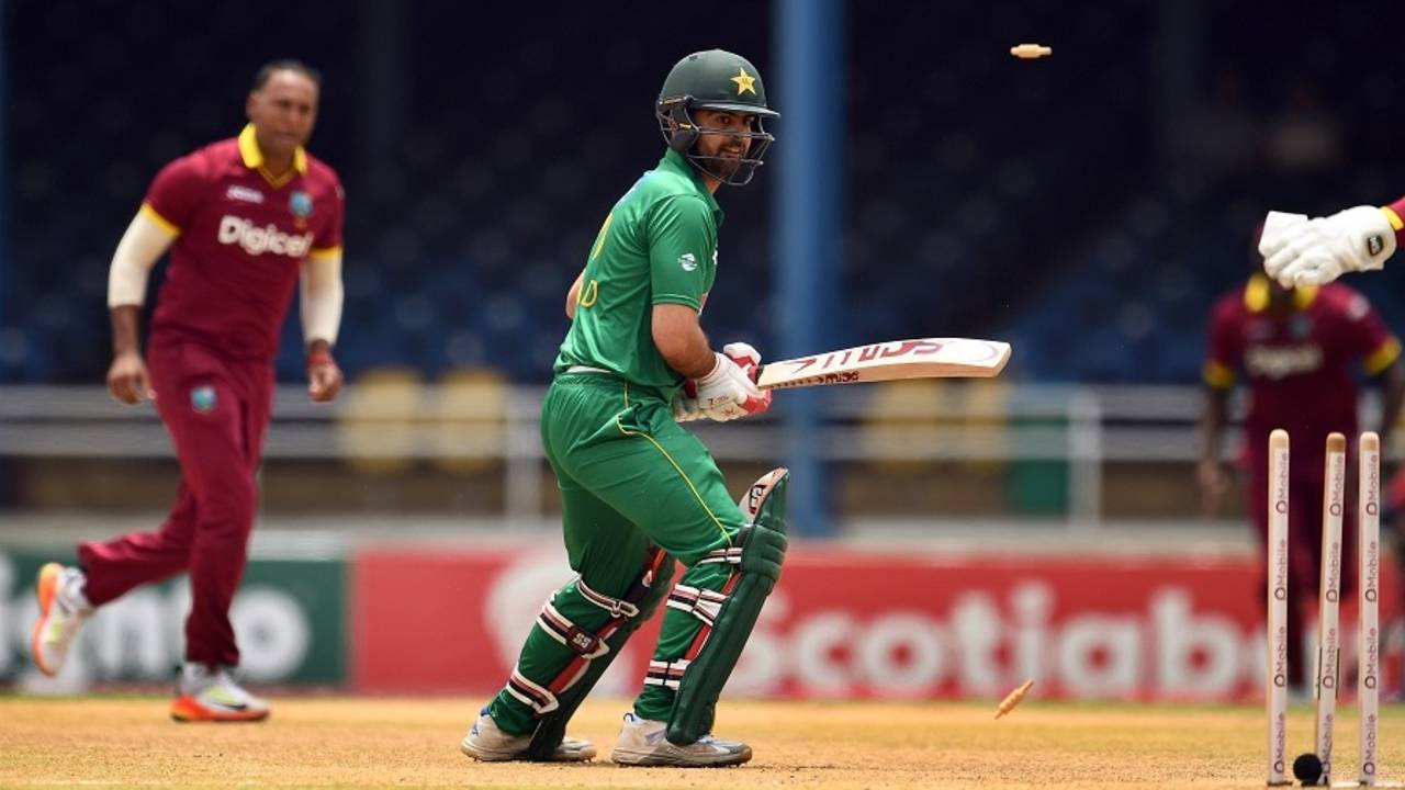 Ahmed Shehzad is bowled by Samuel Badree, West Indies v Pakistan, 3rd T20I, Port of Spain, April 1, 2017