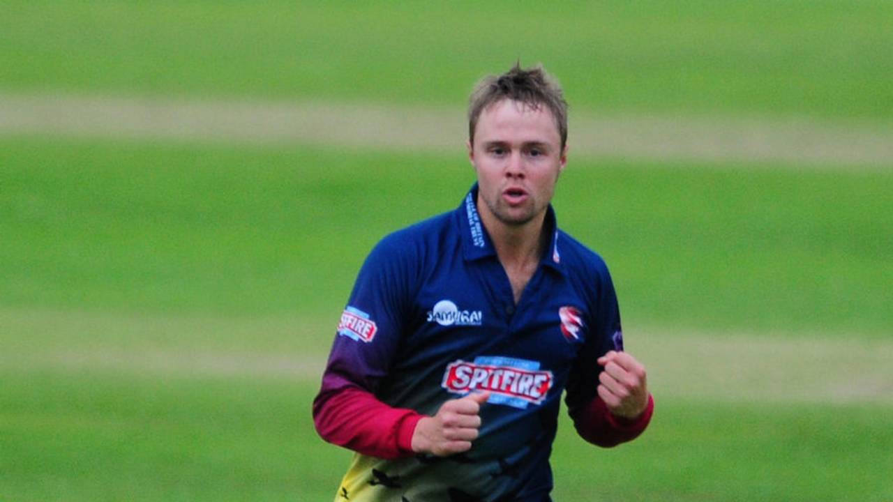 Fabian Cowdrey celebrates a NatWest Blast wicket for Kent, 