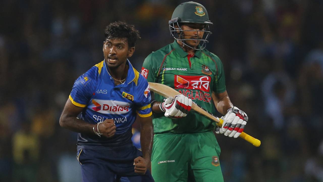 Vikum Sanjaya exults after picking up the wicket of Soumya Sarkar, Sri Lanka v Bangladesh, 1st T20I, Colombo, April 4, 2017