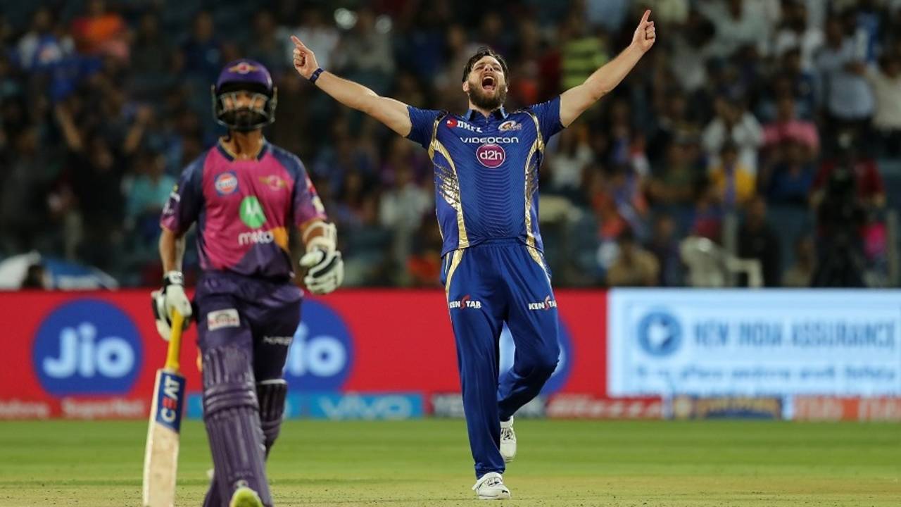 Mitchell McClenaghan roars after taking a wicket, Rising Pune Supergiant v Mumbai Indians, IPL 2017, Pune, April 6, 2017