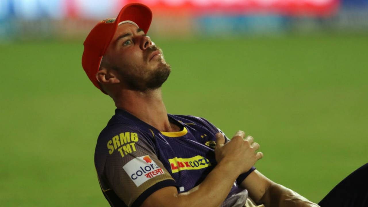 Chris Lynn walked off clutching his shoulder after an awkward fall, Mumbai Indians v Kolkata Knight Riders, Mumbai, IPL, April 9, 2017