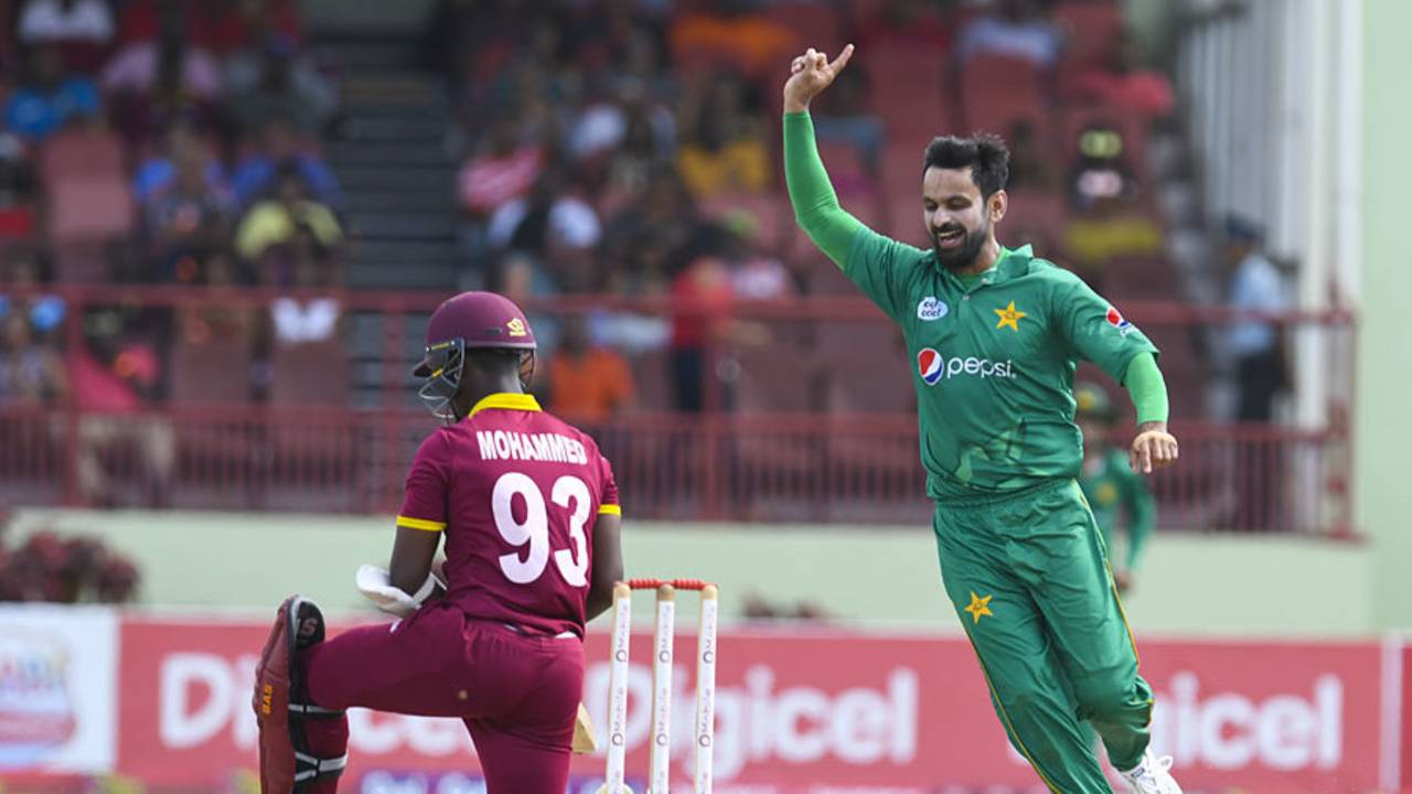 Mohammad Hafeez celebrates the wicket of Jason Mohammed, West Indies v Pakistan, 2nd ODI, Providence, April 9, 2017