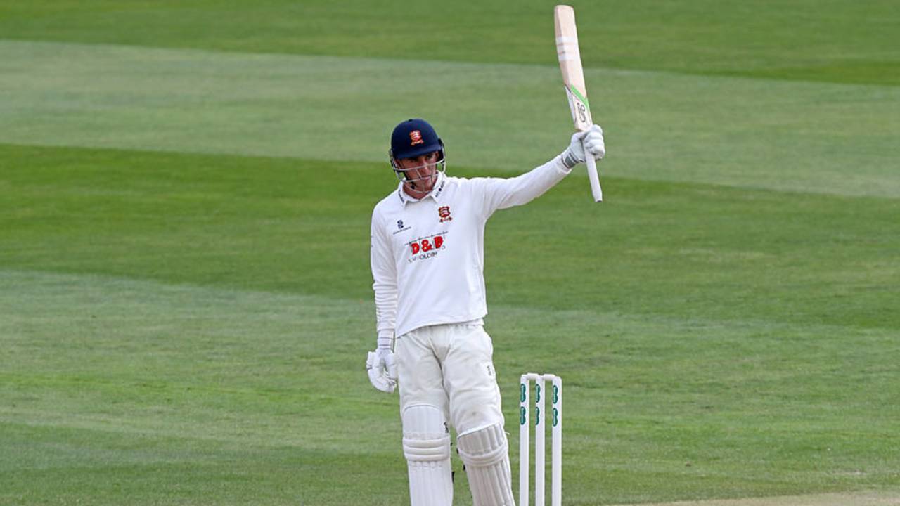 Dan Lawrence acknowledges his century, Essex v Lancashire, County Championship, 4th day, Chelmsford, April 10, 2017