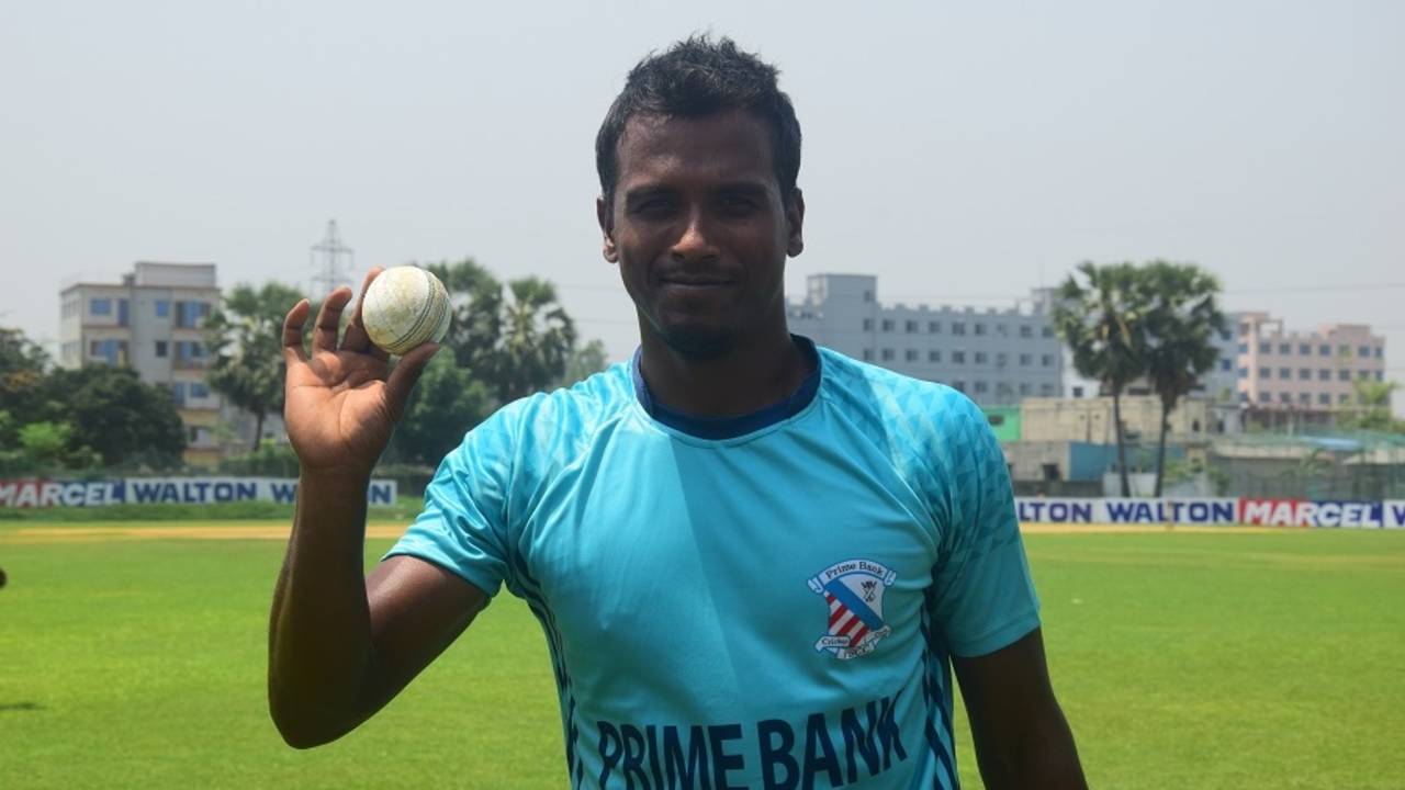 Rubel Hossain poses with the match ball after claiming his third sixth-wicket haul in List A cricket, Dhaka Premier League, Savar