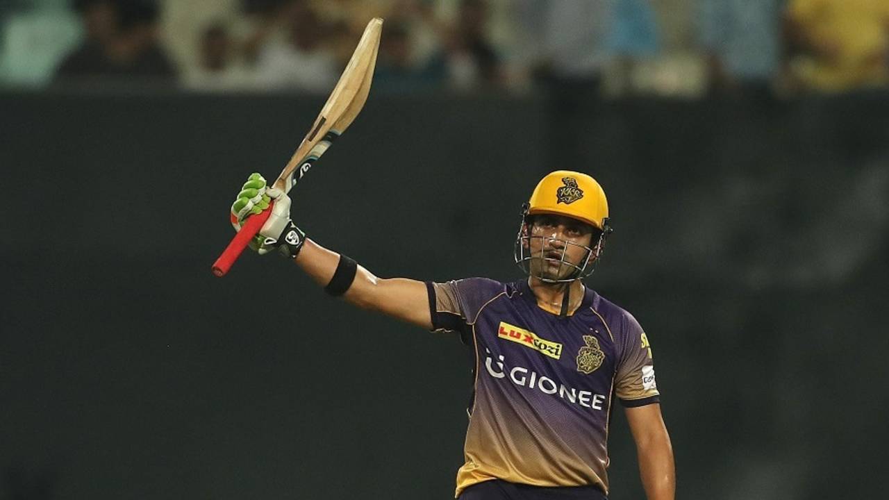 Gautam Gambhir raises his bat after reaching his record-equalling 33rd IPL fifty, Kolkata Knight Riders v Kings XI Punjab, IPL 2017, Kolkata, April 13, 2017