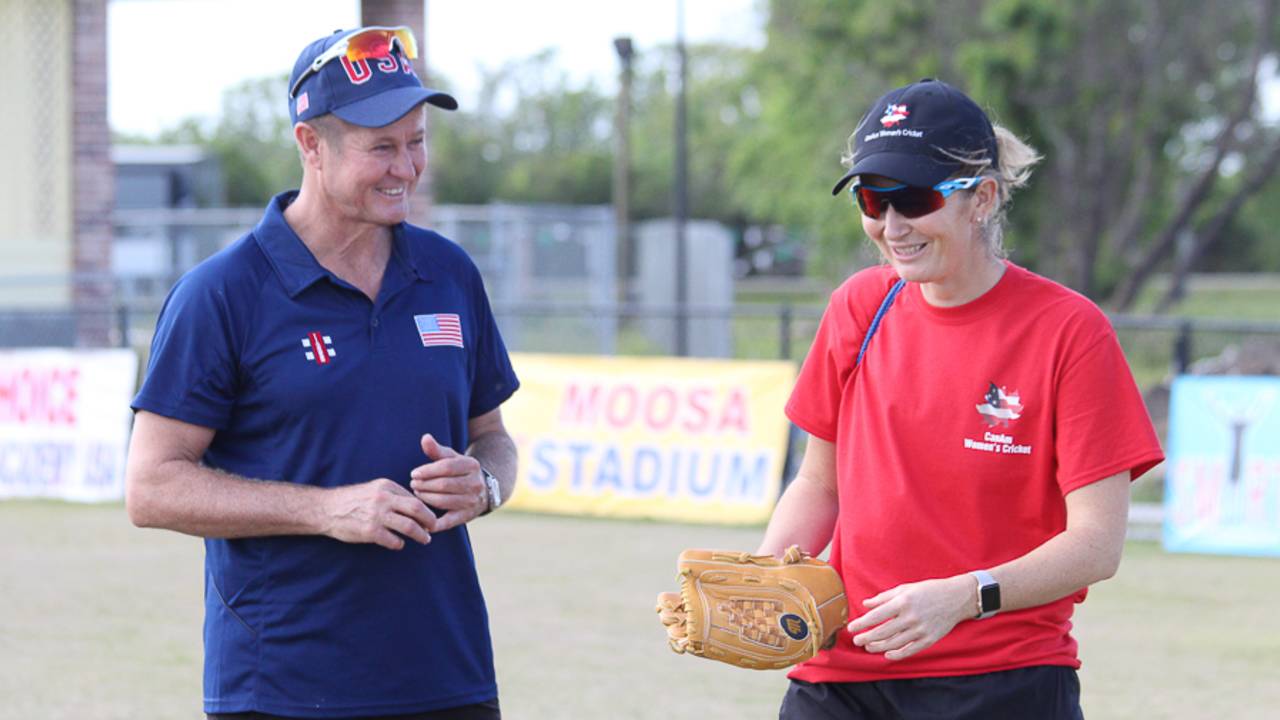USA fielding coach Trevor Penney and former England women's captain Charlotte Edwards share a light moment in Texas, Pearland, April 9, 2017