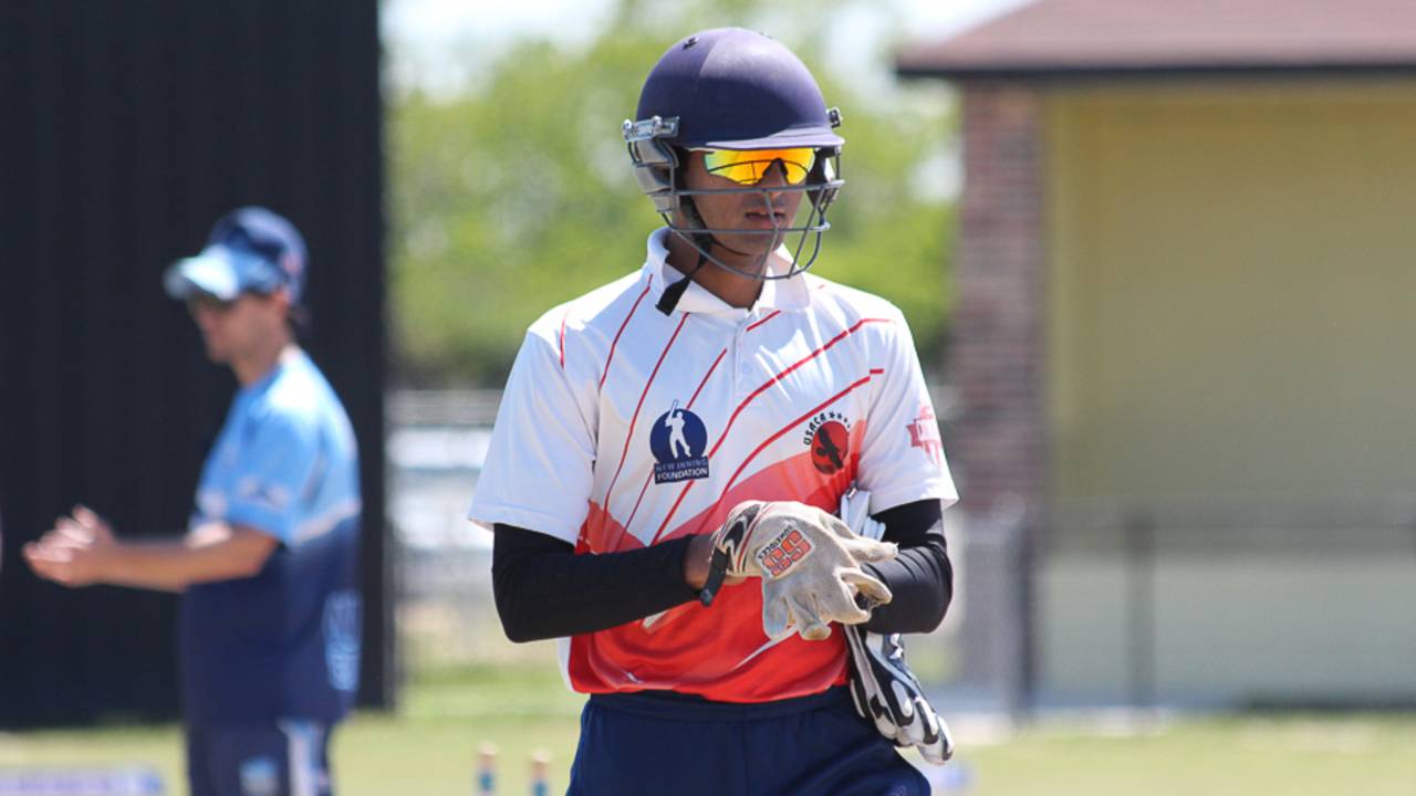 USA U-19 wicketkeeper Arjun Patel gets ready for a fielding drill, Pearland, April 6, 2017