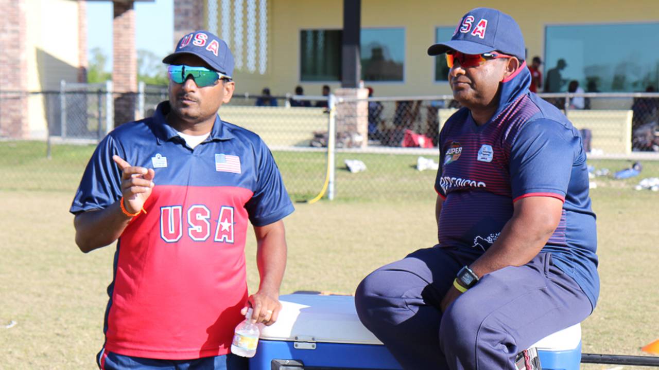 USA assistant coach Anand Tummala and USA head coach Pubudu Dassanayake observe a trial match, Pearland, April 8, 2017