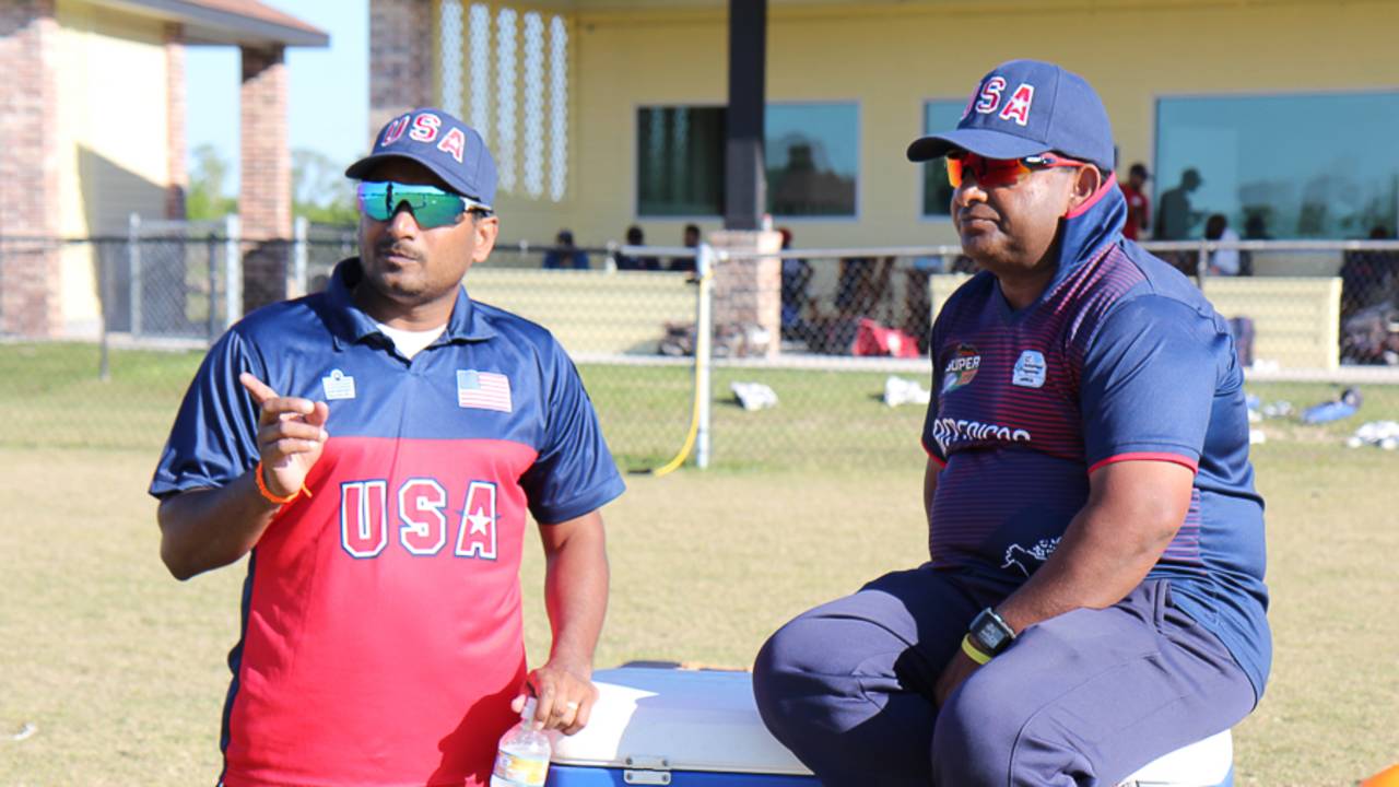 USA assistant coach Anand Tummala and USA head coach Pubudu Dassanayake observe a trial match