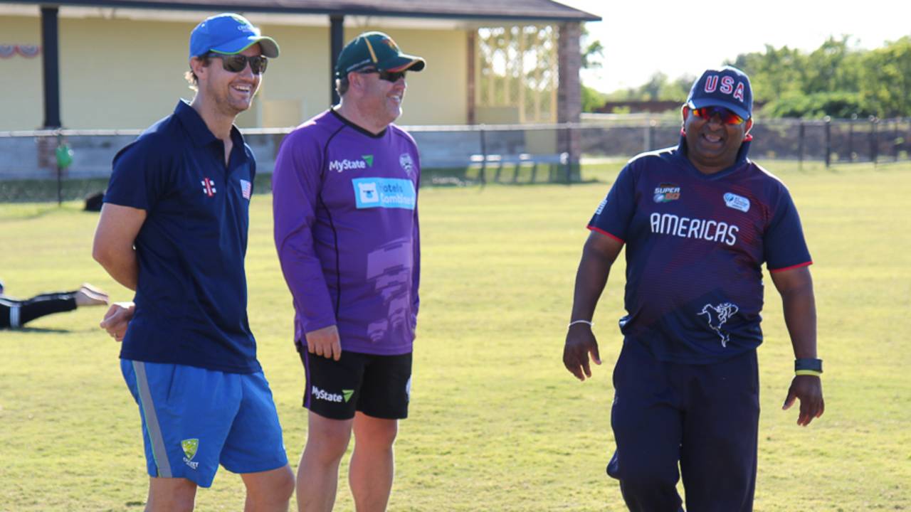 Beau Casson and Richard Allanby have a laugh with USA coach Pubudu Dassanayake, Pearland, April 8, 2017