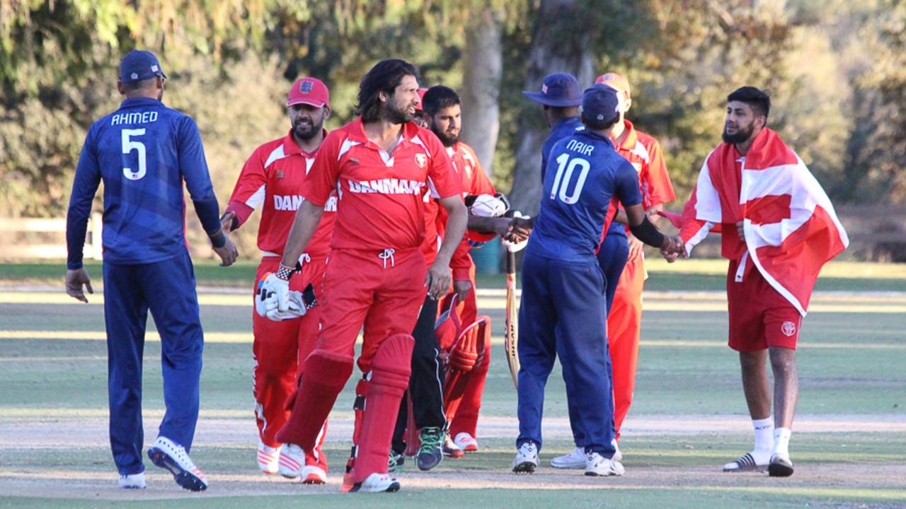 Stand-in captain Amjad Khan leads the handshakes for Denmark after the win, USA v Denmark, ICC World Cricket League Division Four, Los Angeles, November 2, 2016