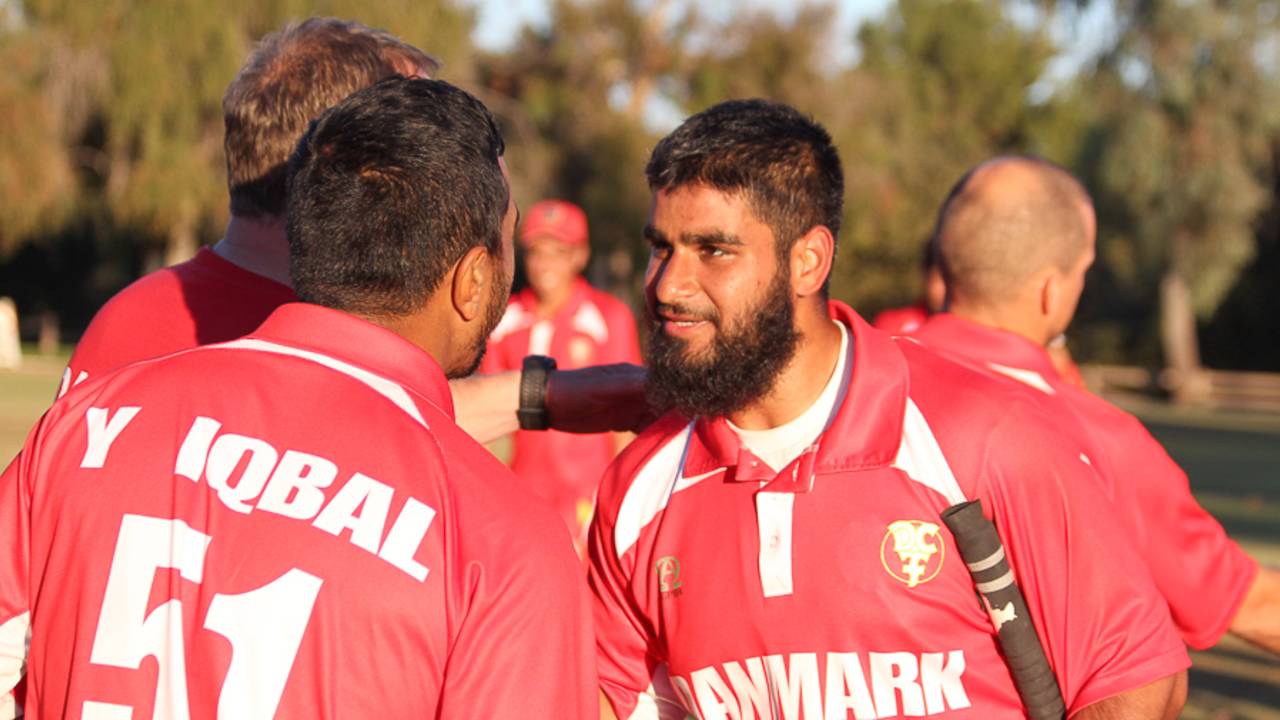 Zameer Khan gets congratulated for his unbeaten half-century, USA v Denmark, ICC World Cricket League Division Four, Los Angeles, November 2, 2016