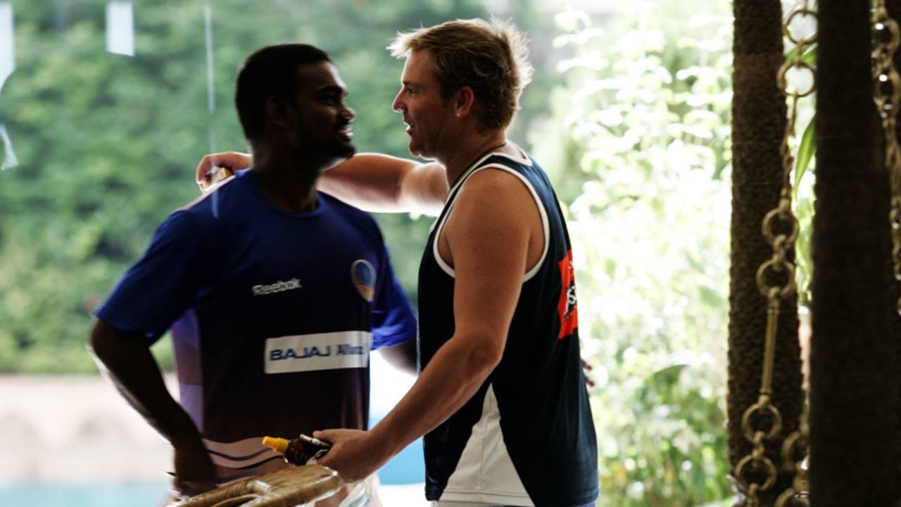 Dinesh Salunkhe and Shane Warne greet each other,  Mumbai, June 2, 2008