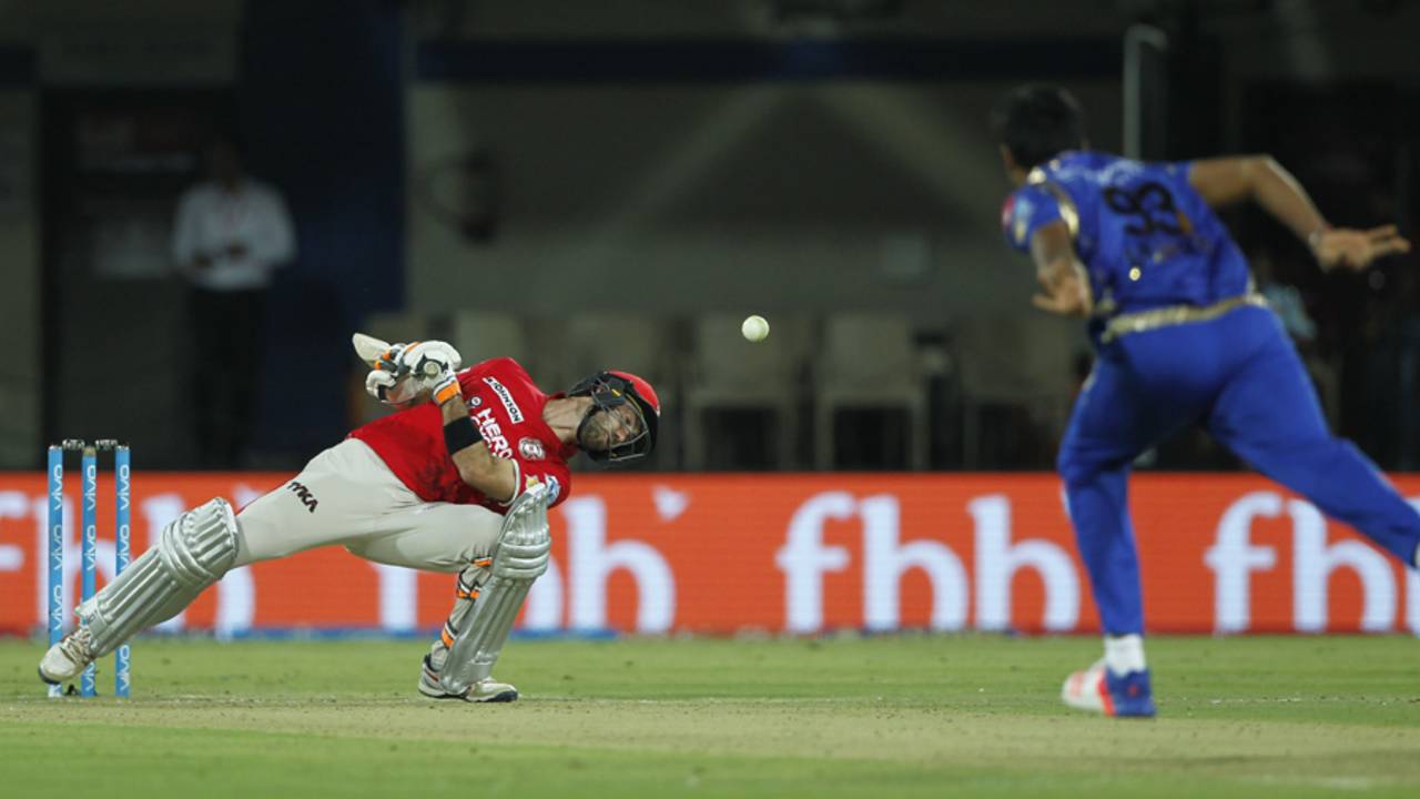 Glenn Maxwell takes evasive action against a Jasprit Bumrah bouncer, Mumbai Indians v Kings XI Punjab, IPL 2017, Indore, April 20, 2017