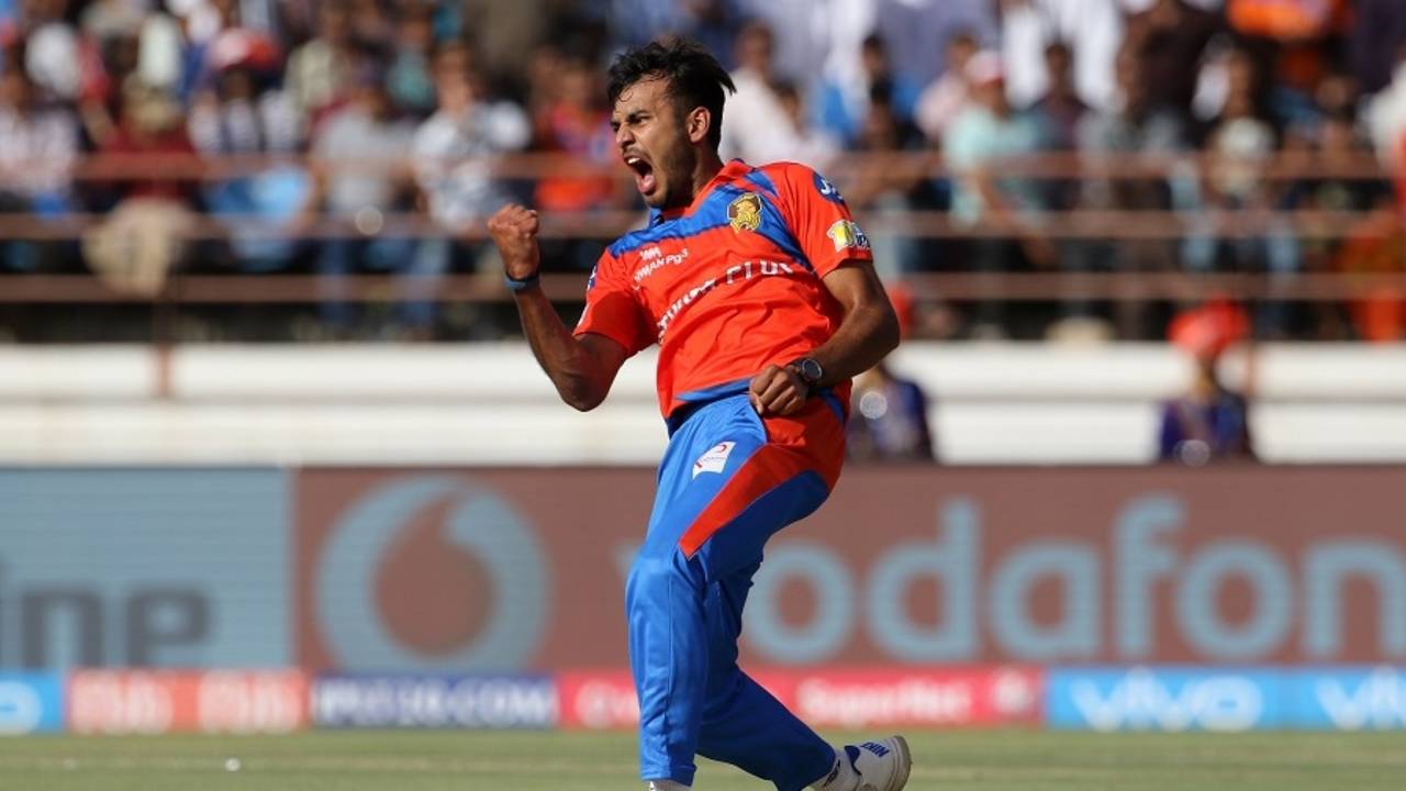 Shubham Agarwal was charged up after claiming his maiden IPL wicket, Gujarat Lions v Kings XI Punjab, IPL 2017, Rajkot, April 23, 2017