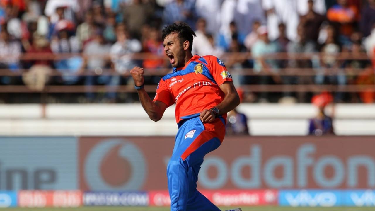Shubham Agarwal was charged up after claiming his maiden IPL wicket, Gujarat Lions v Kings XI Punjab, IPL 2017, Rajkot, April 23, 2017