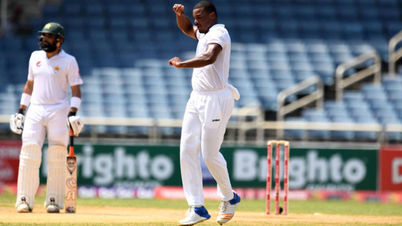 Shannon Gabriel broke through with the wicket of Asad Shafiq, West Indies v Pakistan, 1st Test, Jamaica, 4th day, April 24, 2017