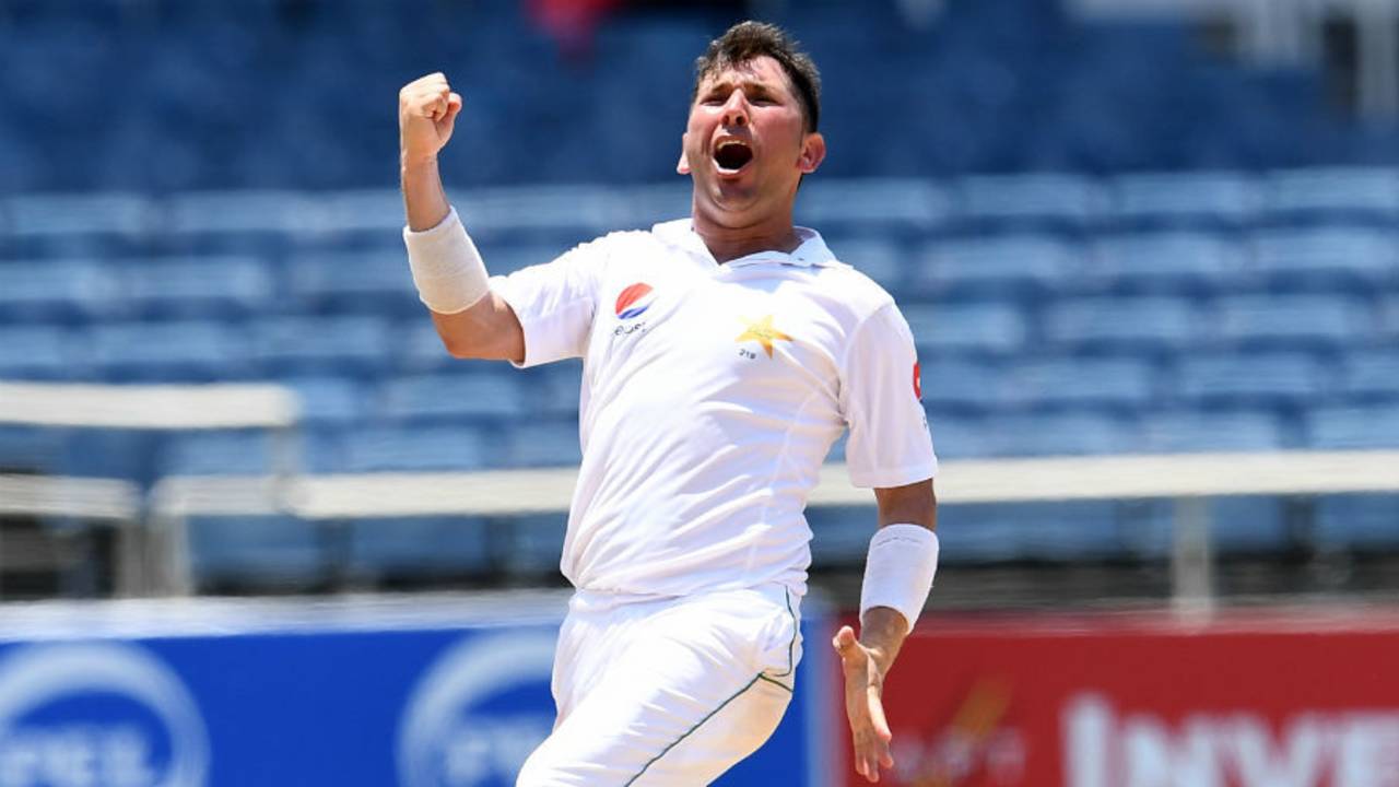 Yasir Shah celebrates his ninth Test five-for, West Indies v Pakistan, 1st Test, Jamaica, 5th day, April 25, 2017