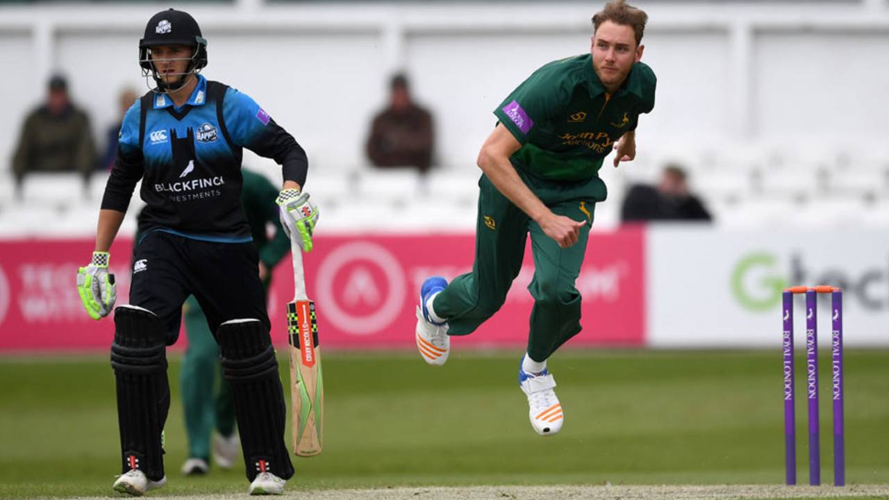 Stuart Broad sent down four wicketless overs for 34, Worcestershire v Nottinghamshire, Royal London Cup, North Group, New Road, April 27, 2017