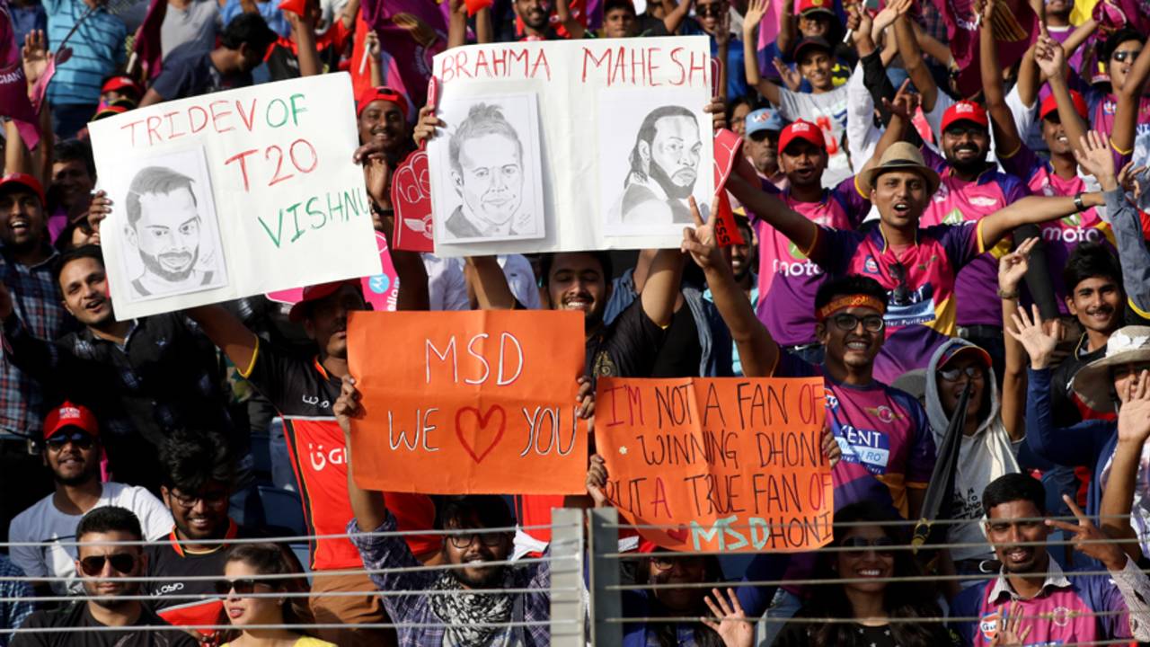Immortals of IPL: Fans hold placards carrying messages for their favourite cricketers, Rising Pune Supergiant v Royal Challengers Bangalore, IPL 2017, Pune, April 29, 2017