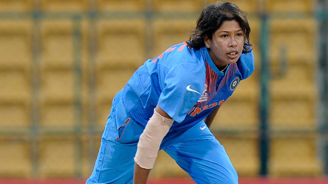 Jhulan Goswami in her follow through, India v Bangladesh, ICC Women's World T20, Bangalore, March 15, 2016