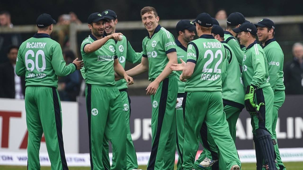 Ireland's players get together to celebrate a wicket, Ireland v Bangladesh, tri-nation series, Malahide, May 12, 2017