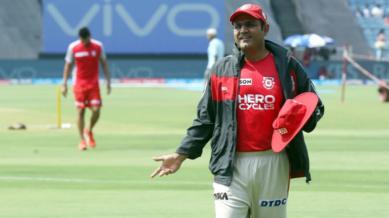 Kings XI Punjab's director of cricket operations, Virender Sehwag, reacts in the field, Rising Pune Supergiant v Kings XI Punjab, IPL 2017, Pune, May 14, 2017