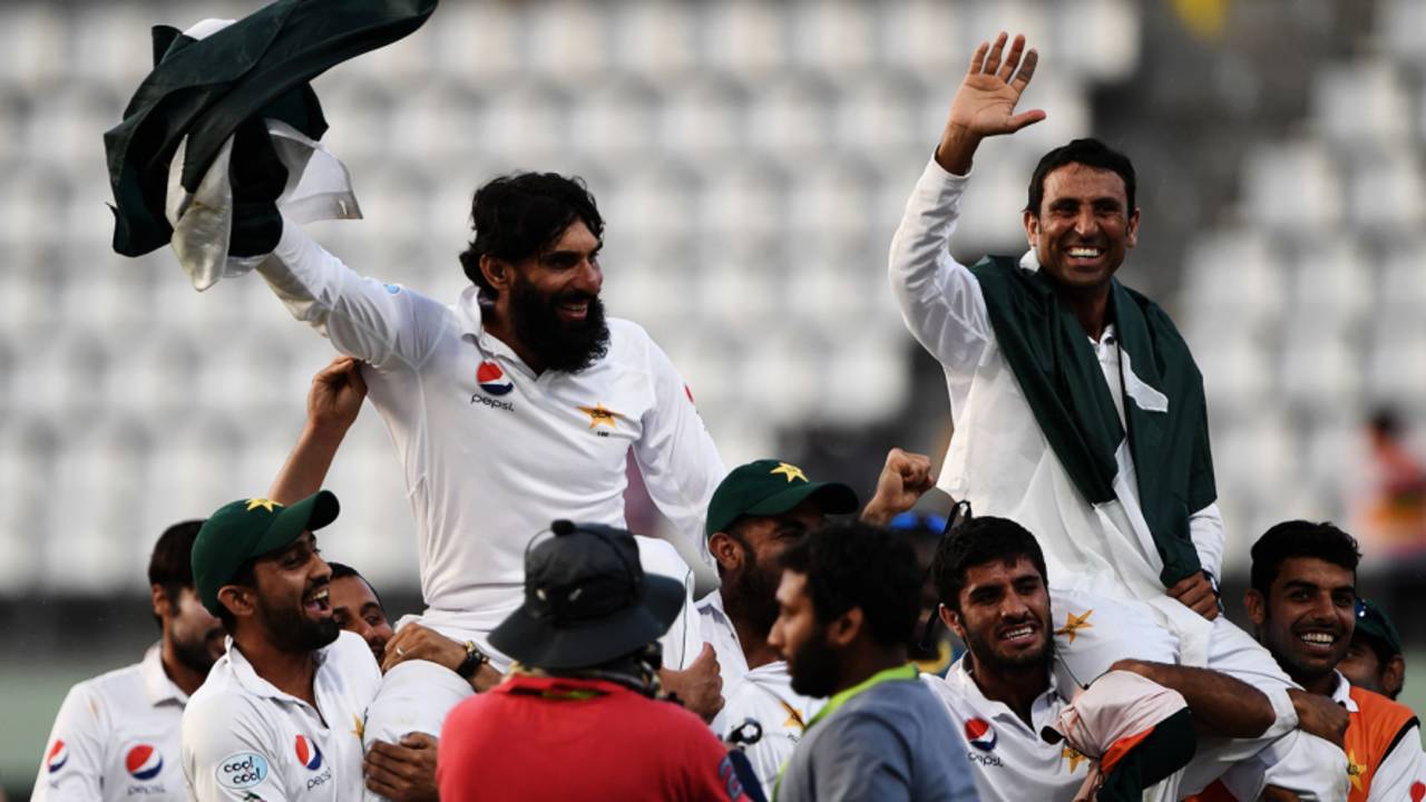 The Pakistan team carry Misbah-ul-Haq and Younis Khan on their shoulders during the victory lap, West Indies v Pakistan, 3rd Test, Dominica, 5th day, May 14, 2017