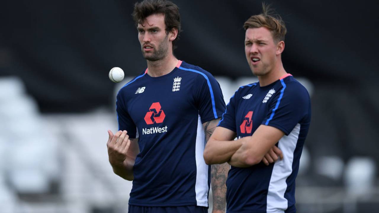 Reece Topley and Jake Ball wait to bowl in the nets, Headingley, May 23, 2017