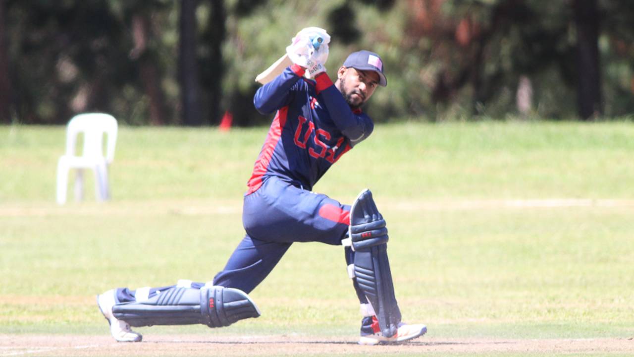 Alex Amsterdam slog sweeps over the leg side on his way to 25, Oman v USA, ICC World Cricket League Division Three, Entebbe, May 23, 2017