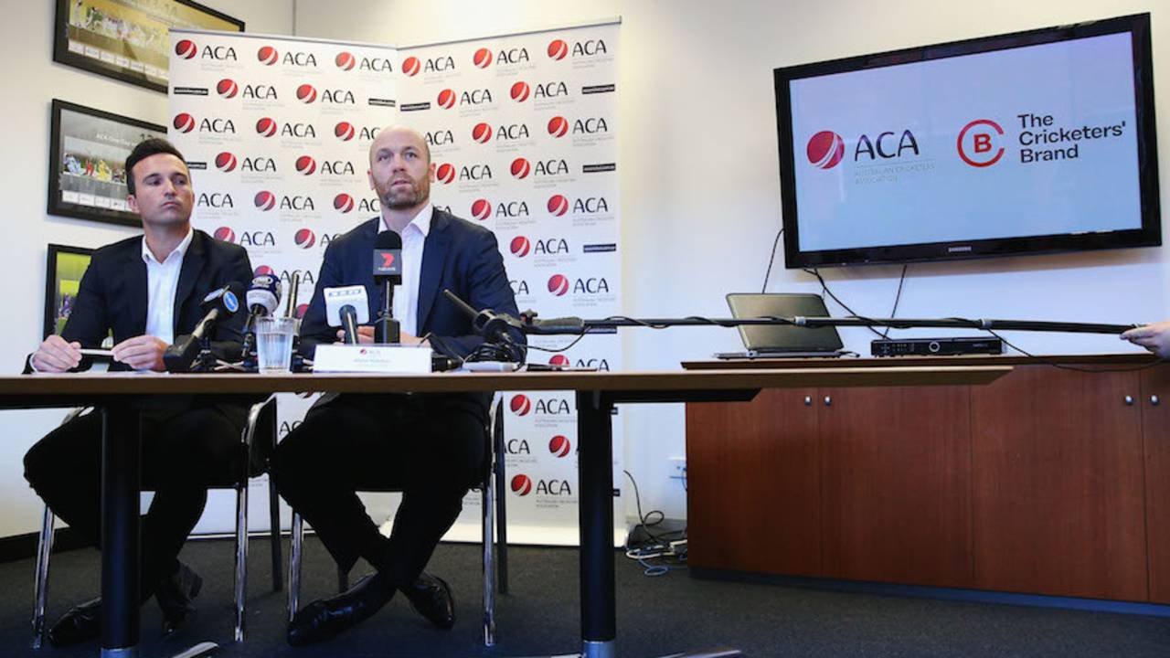 Tim Cruickshank and ACA chief executive Alistair Nicholson talk about The Cricketers' Brand, Melbourne, May 24, 2017
