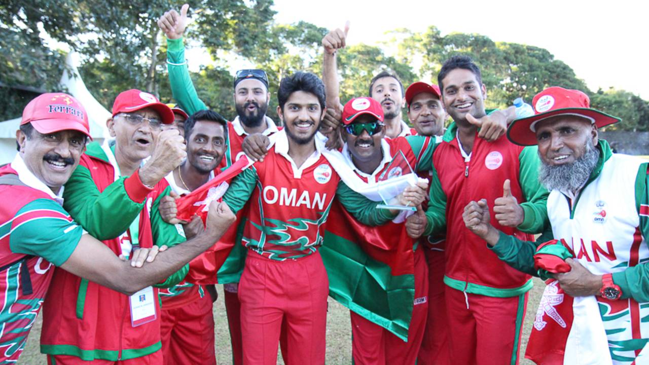 Oman celebrates Aqib Ilyas' performance in victory, Oman v USA, ICC World Cricket League Division Three, Entebbe, May 23, 2017