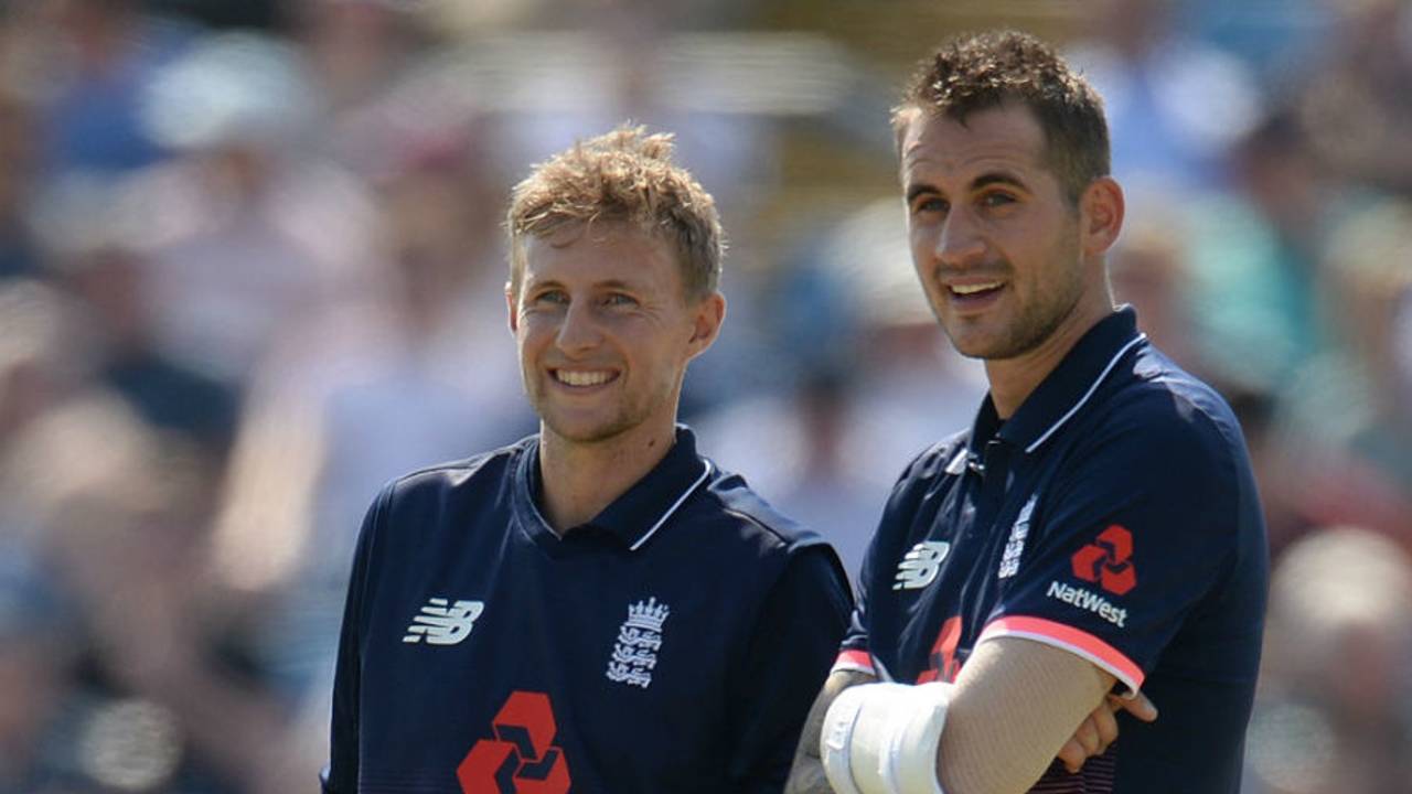 Joe Root and Alex Hales take a breather during their second-wicket stand, England v South Africa, 1st ODI, Headingley, May 24, 2017