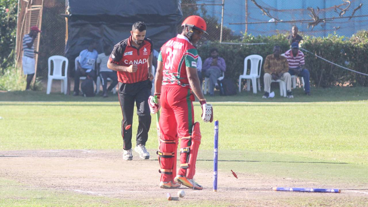 Satsimranjit Dhindsa bowls Munis Ansari to end the match, Canada v Oman, ICC World Cricket League Division Three, Kampala, May 24, 2017