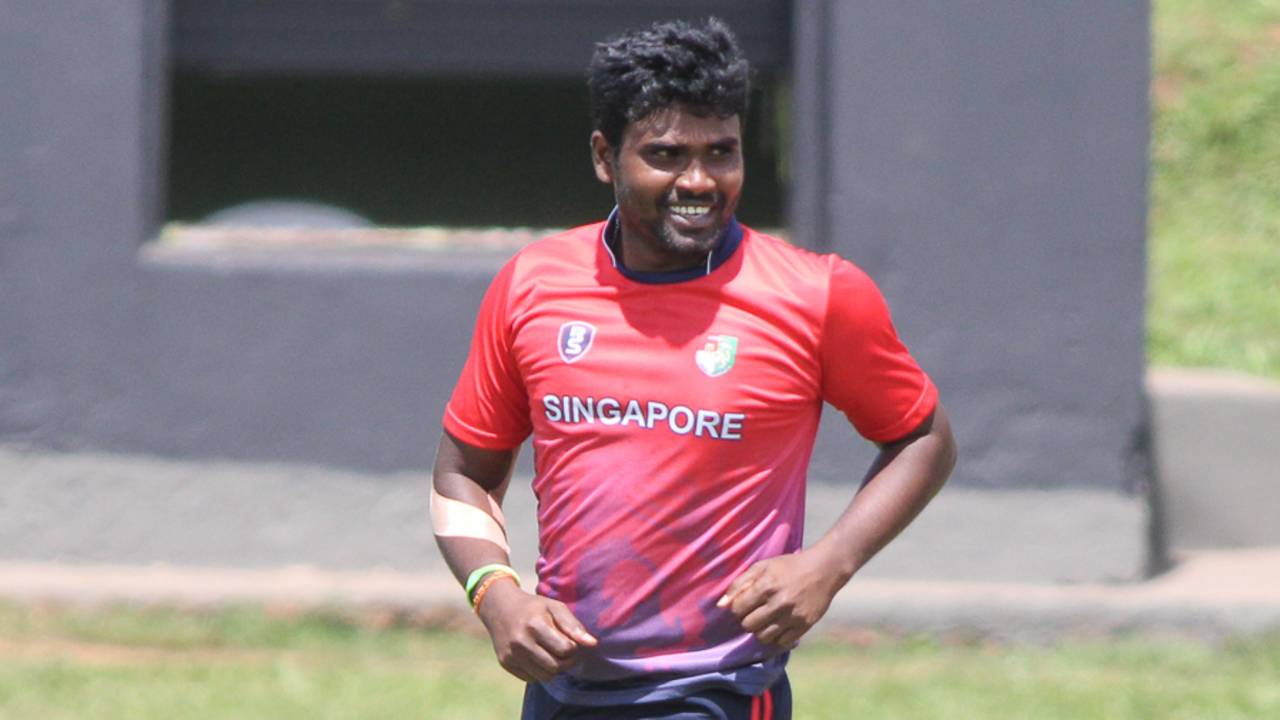 Suresh Appusamy celebrates after dismissing Timroy Allen, Singapore v USA, ICC World Cricket League Division Three, Kampala, May 26, 2017 