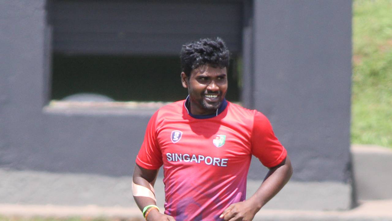 Suresh Appusamy celebrates after dismissing Timroy Allen, Singapore v USA, ICC World Cricket League Division Three, Kampala, May 26, 2017 