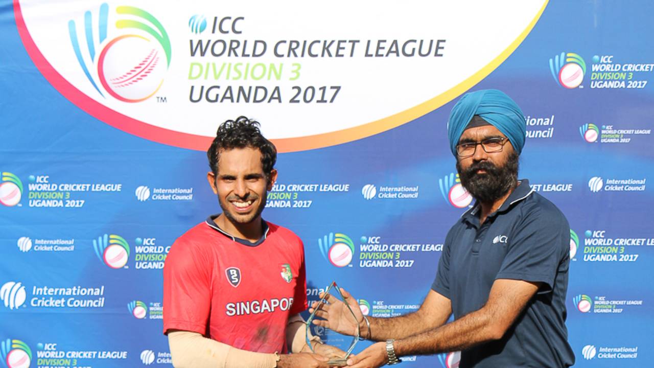 Arjun Mutreja accepts the Man of the Match award from ICC official Gurjit Singh, Singapore v USA, ICC World Cricket League Division Three, Kampala, May 26, 2017
