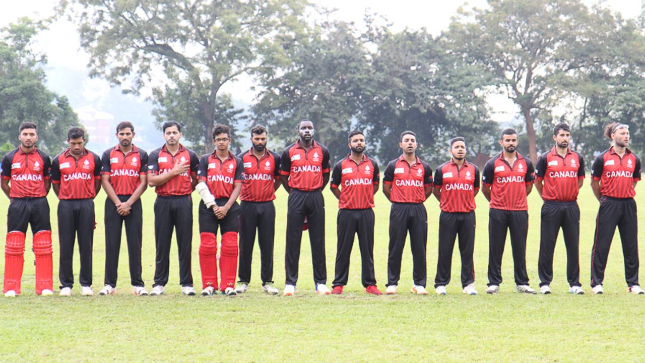 Canada squad stands for the playing of 'O Canada', Canada v USA, ICC World Cricket League Division Three, Kampala, May 27, 2017